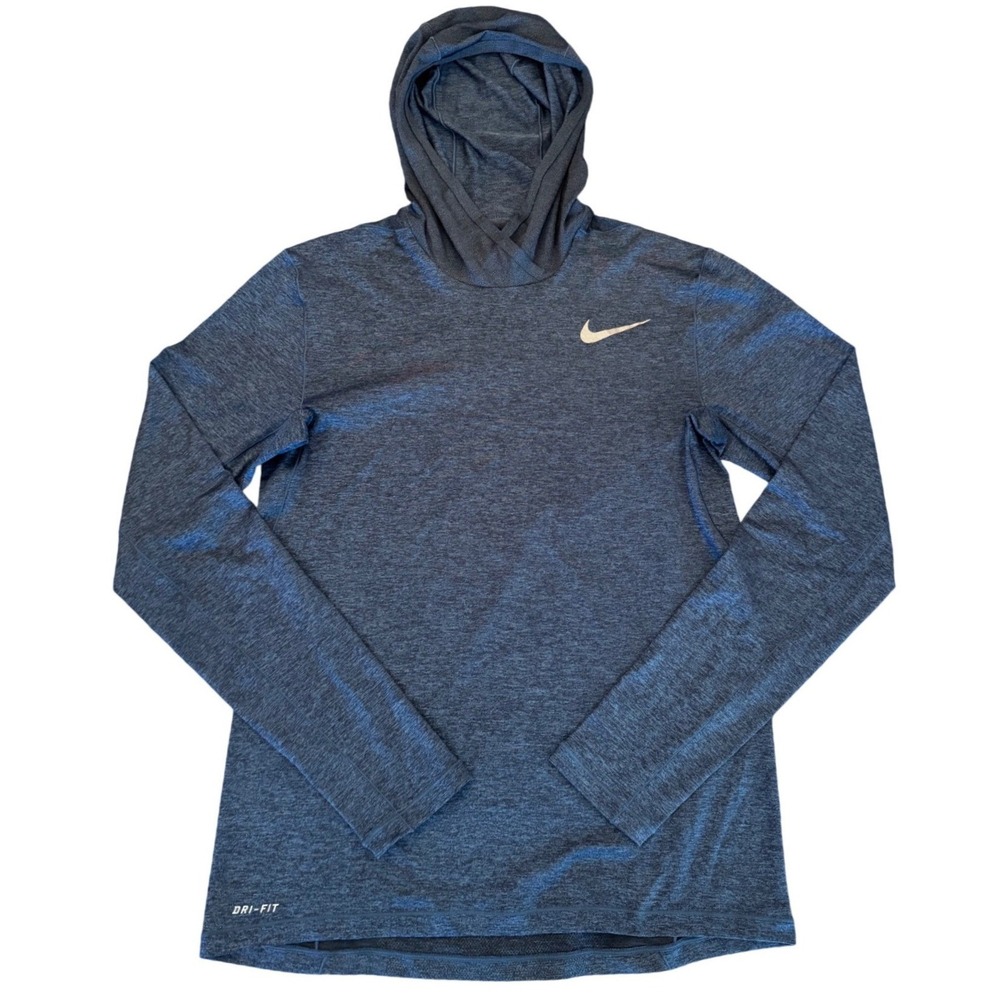Nike Dri-FIT Mens Blue Heathered Long Sleeve Running Hoodie Shirt Thumbholes